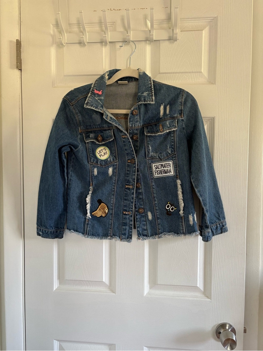 Zara Girls Blue Distressed Denim Jacket with Patch Embellishments